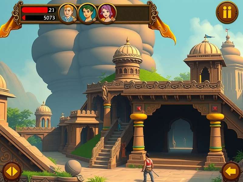 Gameplay screenshot showing puzzle solving in ancient Indian temple